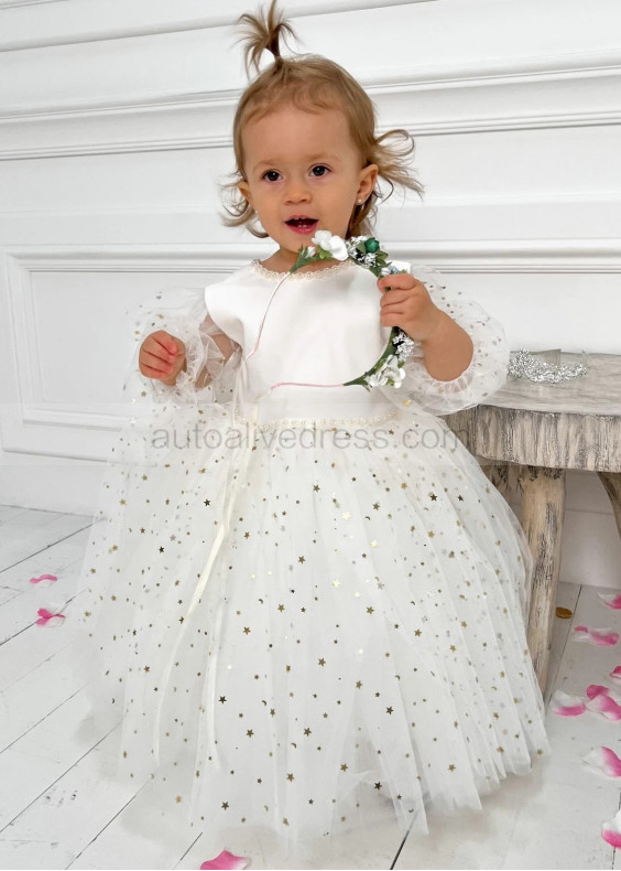 Long Sleeves Gold Star Tulle Pearl Beaded Flower Girl Dress